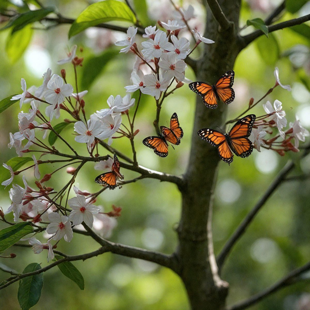 The image features a tree with a cluster of butterflies perched on it. The butterflies are positioned on the branches, with some of them positioned closer to the ground and some positioned higher up. The trees are surrounded by green foliage, creating a natural and picturesque setting. The butterflies are positioned in a cluster, with some of them positioned closer to the ground and some positioned higher up. The butterflies are positioned in a natural setting, with the trees providing a natural and picturesque backdrop.